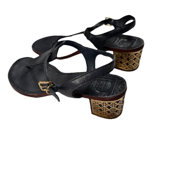 TORY BURCH Audra Gold Logo Block Heel Sandals in Black 8.5 - Picture 2 of 5